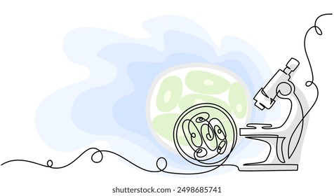 Microscope with bio cells in ocular. Education and research concept. Scientific biology. Continuous one line drawing. Vector illustration