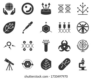 Microscope. Bioengineering glyph icons set. Biotechnology for health, researching, materials creating. Molecular biology, biomedical and molecular engineering