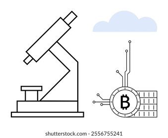 Microscope with a Bitcoin symbol, circuit lines, and cloud. Ideal for technology, education, cryptocurrency, blockchain research, innovation, digital currency awareness. Simple line art style