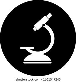 Microscope in black circle icon. Symbol of science, chemistry, pharmaceutical instrument, microbiology magnifying tool. Flat style for graphic design template. Suitable for logo, web, UI, mobile app. 