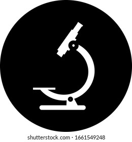 Microscope in black circle icon. Symbol of science, chemistry, pharmaceutical instrument, microbiology magnifying tool. Flat style for graphic design template. Suitable for logo, web, UI, mobile app. 