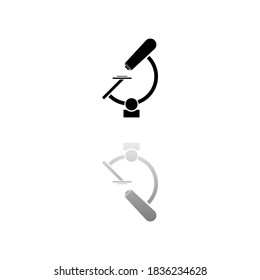 Microscopio. Símbolo negro sobre fondo blanco. Ilustración simple. Icono de vector plano. Sombra de reflexión de espejo. Se puede utilizar en proyectos de logotipo, web, móvil e interfaz de usuario