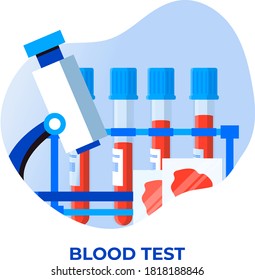 Microscopio y muestras de sangre en vidrio.Página web y elemento de diseño de aplicaciones móviles. Concepto plano de análisis de sangre médico. Análisis químico de laboratorio. 