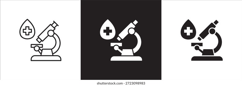 Ícone de exame de sangue no microscópio. Ícone de observação de microscópio em design simples de contorno plano. Símbolo de ícone para laboratório, química, pesquisa, biologia, ciência, medicina e muito mais. Ilustração vetorial.