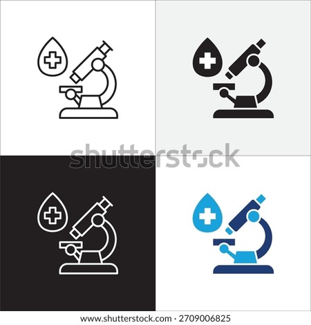 Microscope blood test icon. Microscope observation icon in simple flat outline design. Icon symbol for laboratory, chemistry, research, biology, science, medical and more. Vector illustration.