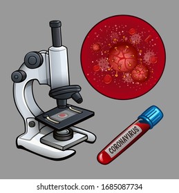 Microscopio y análisis de sangre con virus. Ilustración del vector
