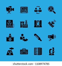 microscope, building, megaphone, laptop, newspaper, strategic, radio, accordion and news reporter vector icon. Simple icons set