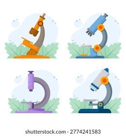 Microscope cartoon illustration set in flat vector style. Cute science equipment concept for education, laboratory research, biology study, and school learning materials isolated on clean background.