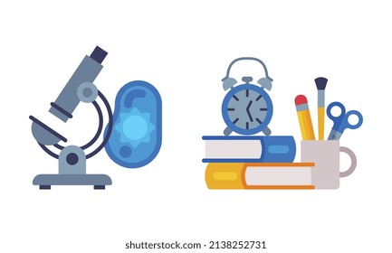 Microscope with Cell and Books with Alarm Clock as School Education Object Vector Set