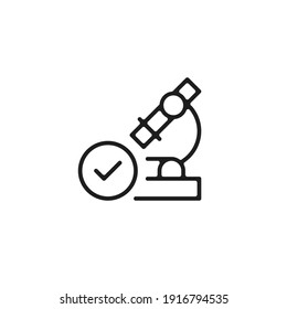 Microscope And Check Mark Icon. Clinically Tested, Lab Tested, Approve, Quality, Scientific Studies Concepts. Vector Line Icon