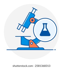 Microscope with Chemical Flask Icon, Chemistry Research and Laboratory Experiment Symbol
