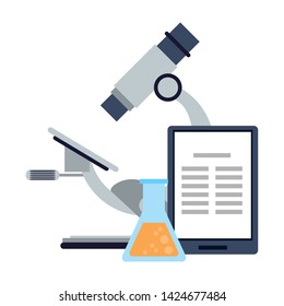Microscope and chemistry flask with tablet isolated vector illustration graphic design