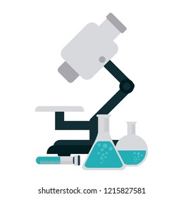 Microscope and chemistry flasks