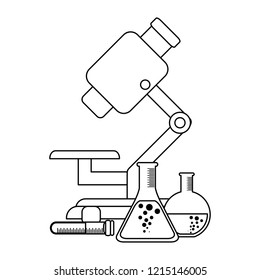 Microscope and chemistry flasks in black and white