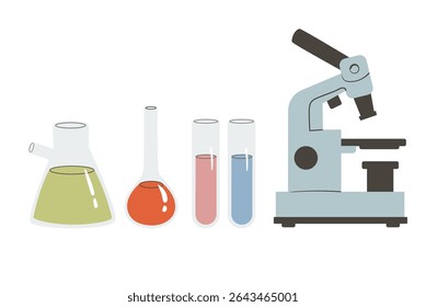 Instrumento farmacêutico de química de microscópio, ferramenta de aumento de microbiologia. Vidro com reagentes químicos. Tubos de ensaio de laboratório. Pesquisa científica médica.