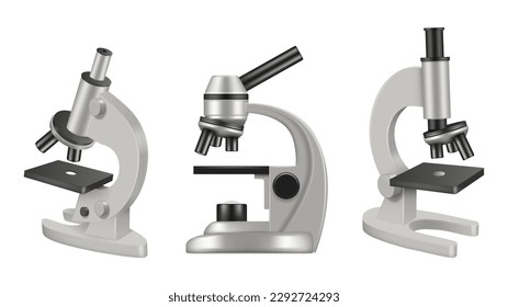 Microscope. Chemistry or science laboratory items pharmaceutical instrument decent vector realistic pictures isolated