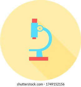 Microscope in circle icon with long shadows. Symbol of science, chemistry, pharmaceutical instrument, microbiology magnifying tool. Flat style for graphic design. Suitable for logo, web, ui, app.