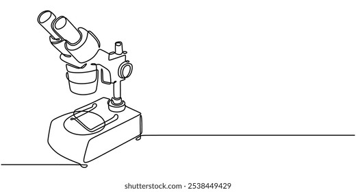 Microscope in continuous one line drawing. Education concept focused on science and discovery.