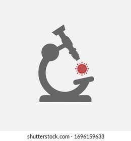 Microscope and coronavirus vector icon. Virus laboratory symbol. Covid 19 lab research. Search for medicine. Simple isolated pictogram illustration.