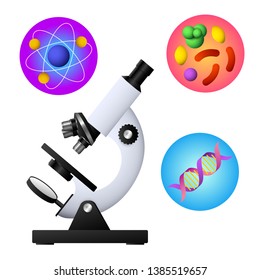 Microscope, DNA, bacterium and atom vector illustration. Study, laboratory, research. Education concept. Vector illustration can be used for topics like school, science, biology