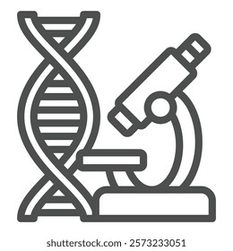 Microscope with DNA chain line icon, genetic research concept. Vector graphics. Laboratory test with DNA structure sign on white background, outline style icon for mobile or web design