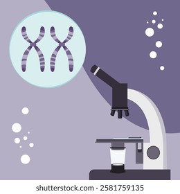  Microscope and dna chromosomal research. Science vector flat illustration.