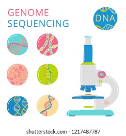 Microscope and dna elements concept. Vector illustration isolated on white.