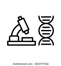 Microscope with DNA. Line vector. Isolate on white background.