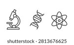 Microscope DNA Strand And Atomic Structure Line Icons On White Background