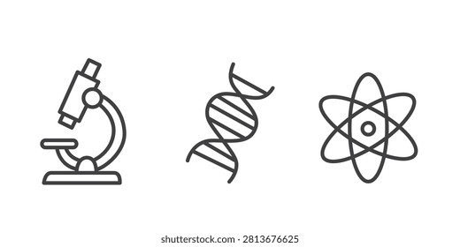 Microscope DNA Strand And Atomic Structure Line Icons On White Background