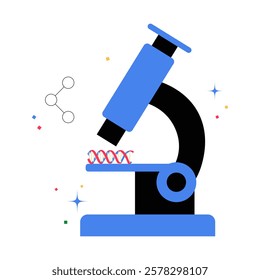 Microscope And DNA Strand In Flat Vector Illustration Symbolizing Scientific Research, Microbiology, And Laboratory Analysis, Isolated On White Background