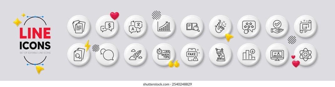 Iconos de línea de microscopio, documentos y pago recibidos. Iconos 3d de Botones blancos. Video Paquete de consejos rápidos, en línea, icono de inspección. Libro de Búsqueda, núcleo de átomo, pictograma de estrella de clasificación. Vector