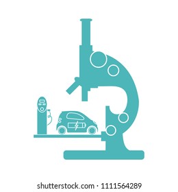 Microscope, electric car, recharge the car battery, charging station. New transport eco technologies.
