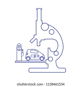 Microscope, electric car, recharge the car battery, charging station. New transport eco technologies.