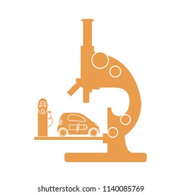 Microscope, electric car, recharge the car battery, charging station. New transport eco technologies.