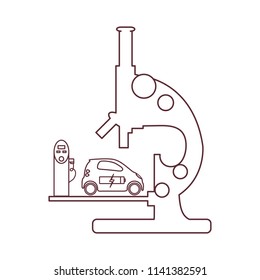 Microscope, electric car, recharge the car battery, charging station. New transport eco technologies.