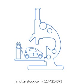 Microscope, electric car, recharge the car battery, charging station. New transport eco technologies.