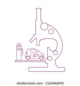 Microscope, electric car, recharge the car battery, charging station. New transport eco technologies.
