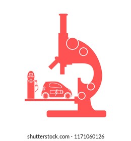 Microscope, electric car, recharge the car battery, charging station. New transport eco technologies.