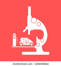 Microscope, electric car, recharge the car battery, charging station. New transport eco technologies.