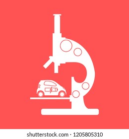 Microscope, electric car, recharge the car battery. New transport eco technologies. 