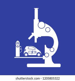 Microscope, electric car, recharge the car battery, charging station. New transport eco technologies.