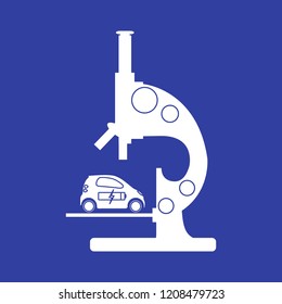 Microscope, electric car, recharge the car battery. New transport eco technologies. 