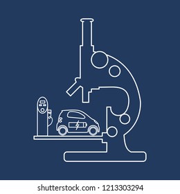 Microscope, electric car, recharge the car battery, charging station. New transport eco technologies.