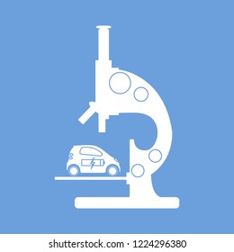 Microscope, electric car, recharge the car battery. New transport eco technologies. 