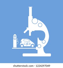 Microscope, electric car, recharge the car battery, charging station. New transport eco technologies.