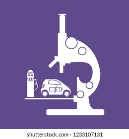 Microscope, electric car, recharge the car battery, charging station. New transport eco technologies.