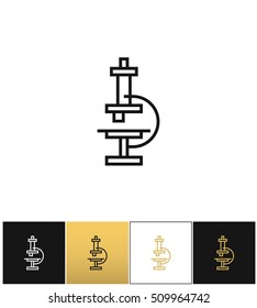 Microscope with enlarge lens vector icon. Microscope with enlarge lens pictograph on black, white and gold background