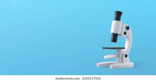 Microscope, equipment for science or medical laboratory. 3d optical instrument for chemistry and biology research, education and medicine. White microscope on blue background, vector. 3D Illustration