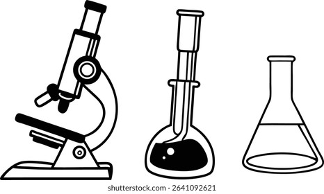 Microscope and flask logo set of silhouette Vector, equipment, biology, glass, element, logo, white, research, sign